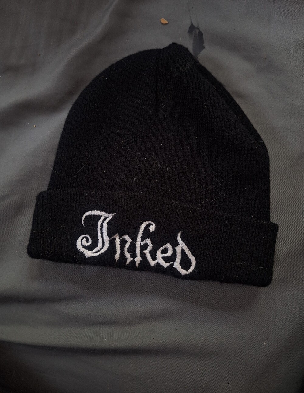 Source Unknown Black Beanie with White "Inked" Embroidery